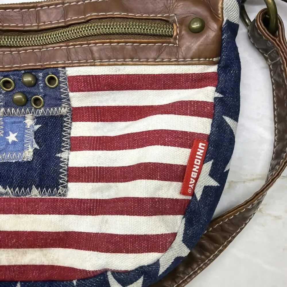 Unionbay American Flag Shoulder Bag Red White Blue Brown Leather Stars 8x6